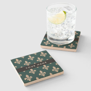 Dessous-de-verre En Pierre Fleur de Lis, Beige sur Vert, Royal, Votre Nom