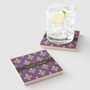 Dessous-de-verre En Pierre Fleur de Lis, Beige sur Violet, Royal, Votre Nom