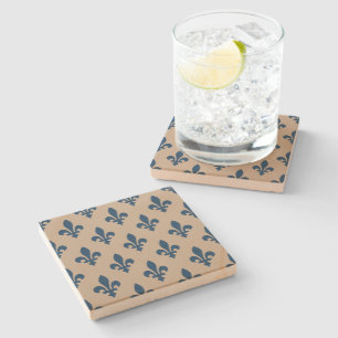 Dessous-de-verre En Pierre Fleur de Lis Motif, Royal French Blue sur Crème