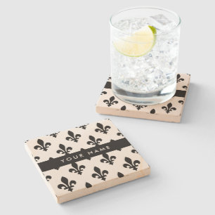 Dessous-de-verre En Pierre Fleur de Lis, Noir sur Blanc, Noir, Votre Nom