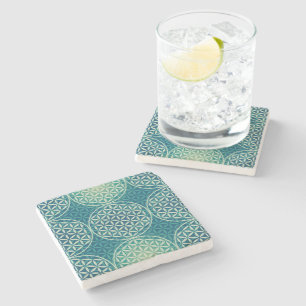 Dessous-de-verre En Pierre Fleur de vie - motif de timbre - bleu cyan