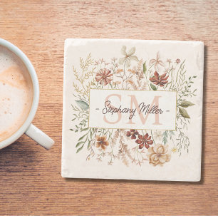 Dessous-de-verre En Pierre Fleur Florale Élégante Monogramme Aquarelle Automn