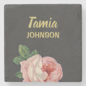 Dessous-de-verre En Pierre Fleur rose nom personnalisé gris (Devant)