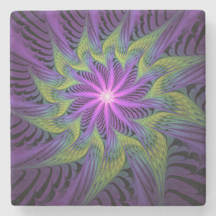 Dessous-de-verre En Pierre Fleur verte violette Art abstrait fractal moderne
