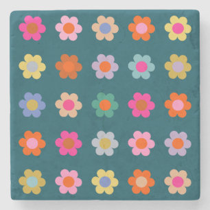 Dessous-de-verre En Pierre Fleurs Abstraites colorées Marine Bleu Retro Flora