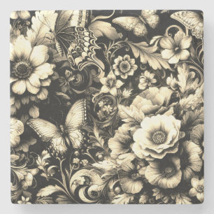Dessous-de-verre En Pierre Fleurs Antiques Dorées avec Papillons