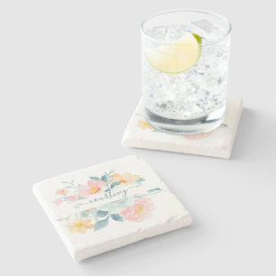 Dessous-de-verre En Pierre Fleurs aquarelles rose et orange personnalisées