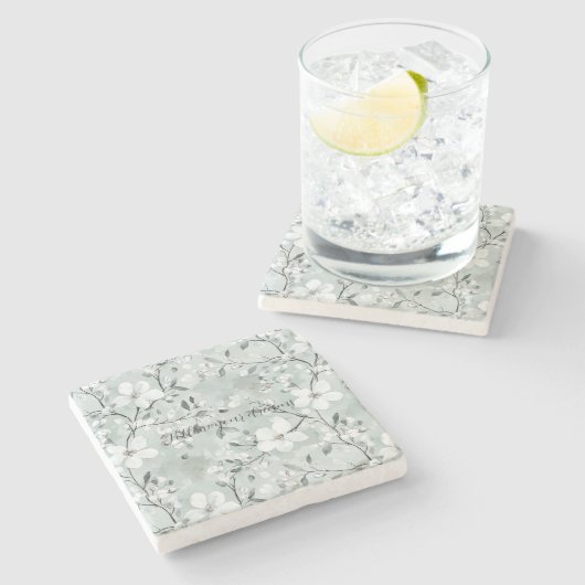 Dessous-de-verre En Pierre Fleurs blanches gris chic (Côté)
