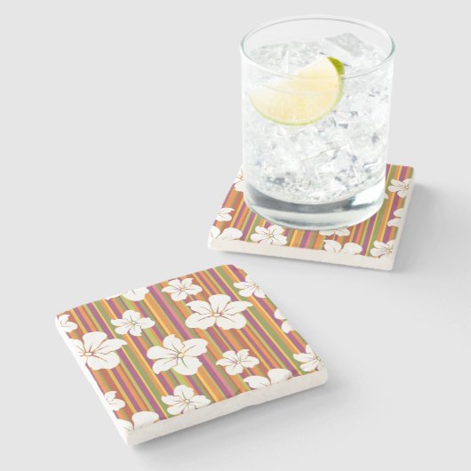 Dessous-de-verre En Pierre Fleurs blanches sur un arrière - plan rayé (Côté)