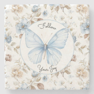 Dessous-de-verre En Pierre Fleurs bleues romantiques feuilles brunes papillon