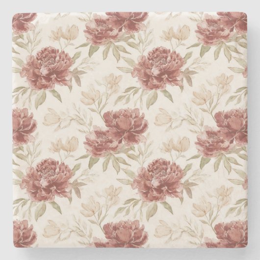 Dessous-de-verre En Pierre Fleurs Crème Rouge (Devant)