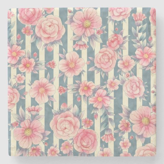 Dessous-de-verre En Pierre Fleurs d'aquarelle rose sur bandes (Devant)