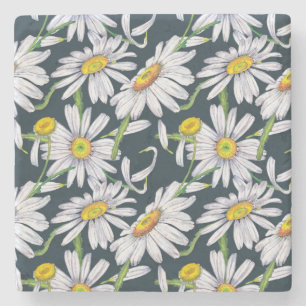 Dessous-de-verre En Pierre Fleurs de Camomille : Aquarelle Bleu Foncé.