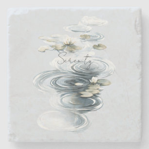 Dessous-de-verre En Pierre Fleurs de lotus et nénuphars Sérénité bleu pâle