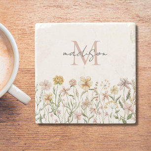 Dessous-de-verre En Pierre Fleurs de Prairie de Floral Aquarelle Monogrammées