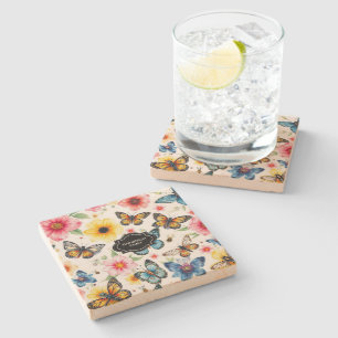 Dessous-de-verre En Pierre Fleurs d'été aquarelle papillons monogrammées