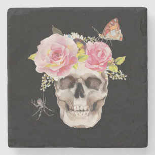 Dessous-de-verre En Pierre Fleurs du crâne Araignée papillon Halloween Cadeau