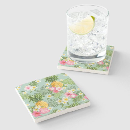Dessous-de-verre En Pierre Fleurs et ananas tropicaux (Côté)