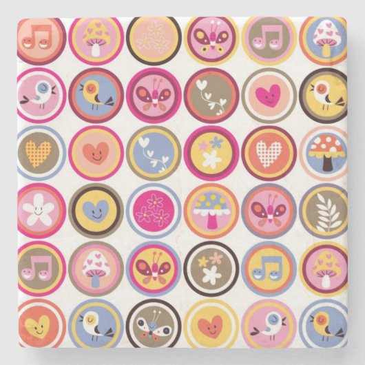 Dessous-de-verre En Pierre fleurs mignonnes, oiseaux, motif de coeurs (Devant)