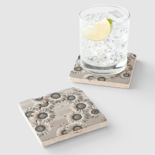Dessous-de-verre En Pierre Fleurs noires et blanches (Côté)