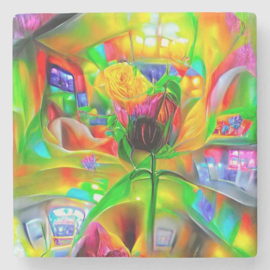 Dessous-de-verre En Pierre Fleurs psychédéliques Abstraites (Devant)