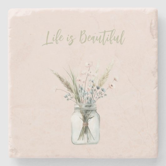 Dessous-de-verre En Pierre Fleurs roses et bleues blush dans un pot (Devant)
