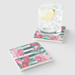Dessous-de-verre En Pierre Fleurs roses exotiques rayées