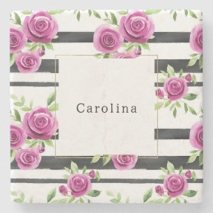 Dessous-de-verre En Pierre Fleurs roses rayures noires