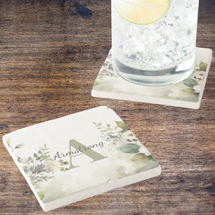Dessous-de-verre En Pierre Fleurs sauvages blanches élégantes & monogramme de