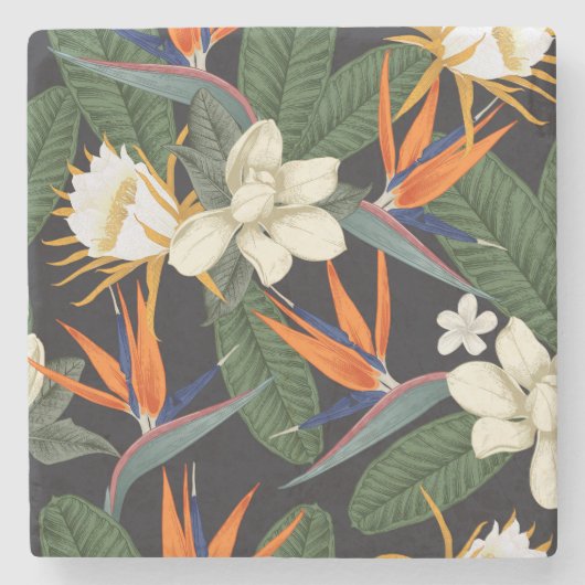 Dessous-de-verre En Pierre Fleurs tropicales, arrière - plan foncé, sans cout (Devant)