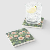 Dessous-de-verre En Pierre Fleurs Verdure Élégant Aquarelle (Côté)