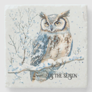 Dessous-de-verre En Pierre Flocons de neige d'hiver Hibou bleu Noël Neige