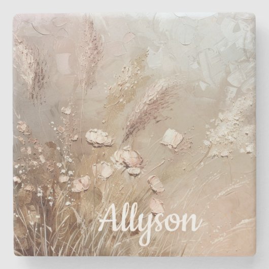 Dessous-de-verre En Pierre Floral Boho Beige Blanc (Devant)