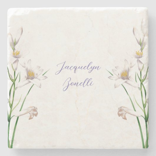 Dessous-de-verre En Pierre Floral Elegant Chic Calligraphie Nom Lithographe (Devant)