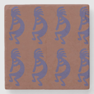 Dessous-de-verre En Pierre Flûte Jouer Kokopelli Figure - Bleu sur rouille Ro