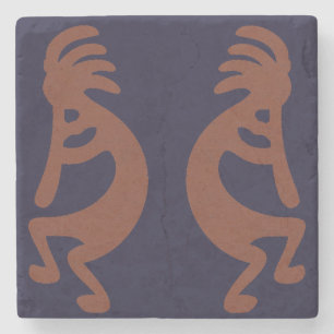 Dessous-de-verre En Pierre Flûte Jouer Kokopelli Figure - Bleu sur rouille Ro