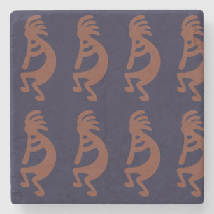 Dessous-de-verre En Pierre Flûte Jouer Kokopelli Figure - Bleu sur rouille Ro