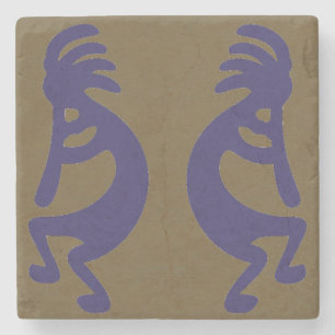 Dessous-de-verre En Pierre Flûte Jouer Kokopelli Figure - Bleu sur Vert