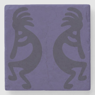 Dessous-de-verre En Pierre Flûte Jouer Kokopelli Figure - Noir sur Bleu