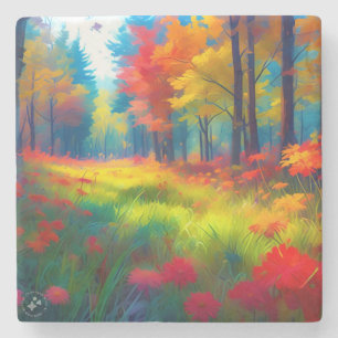 Dessous-de-verre En Pierre Forêt avec des arbres et des fleurs colorés