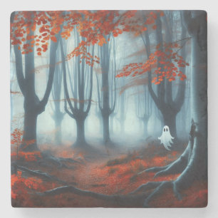 Dessous-de-verre En Pierre Forêts éffrayantes d'automne avec un fantôme