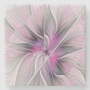 Dessous-de-verre En Pierre Fractal Floral Moderne Abstrait Fleur Rose Gris