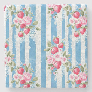 Dessous-de-verre En Pierre Fraises vintages et fleurs sur bandes bleues