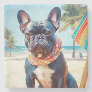 Dessous-de-verre En Pierre French Bulldog sur la plage, cadeau d'été pour amo