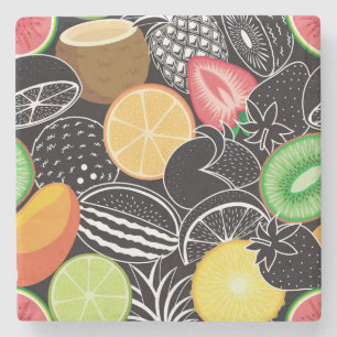 Dessous-de-verre En Pierre Fruits tropicaux colorés, arrière - plan noir.