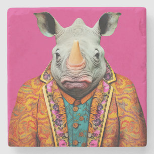 Dessous-de-verre En Pierre Funky Anthropomorphal Rhino Portrait sur Hot Pink