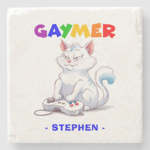 Dessous-de-verre En Pierre Gaymer - Rainbow Gaming Cat avec console LGBTQ