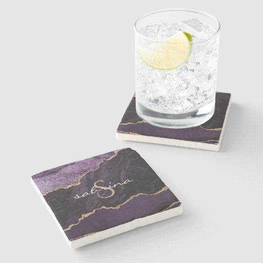 Dessous-de-verre En Pierre Géode d'Agate Monogramme Or violet (Côté)