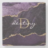 Dessous-de-verre En Pierre Géode d'agate Monogramme Violet Or (Devant)
