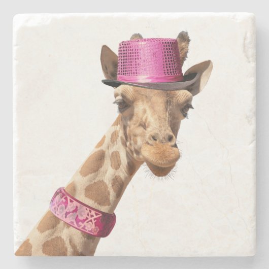 Dessous-de-verre En Pierre Giraffe en casquette rose étincelant (Devant)